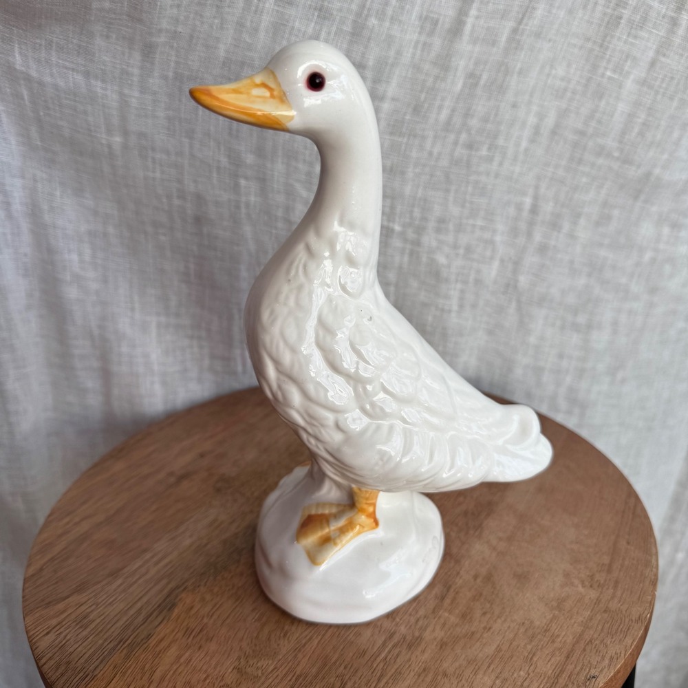 Ceramic Duck Figurine 9" White Vintage Farmhouse Country Statuette